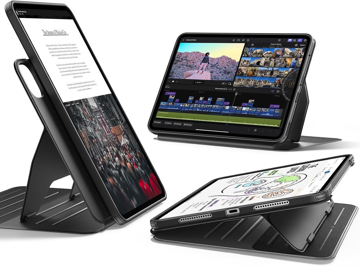 ESR magnetic stand case for the 13-inch iPad Pro shown at three of its nine angles