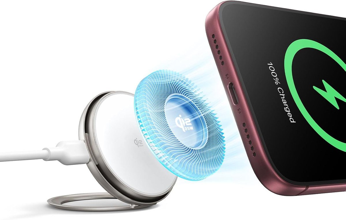 ESR Qi2.2 25W Cyclone charging pad with CryoBoost cooling holding an iPhone at an angle