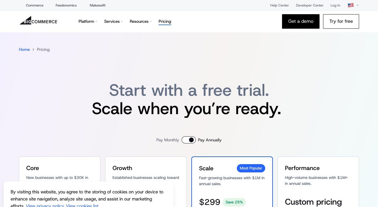 BigCommerce pricing page showing the Core, Growth and Scale plans
