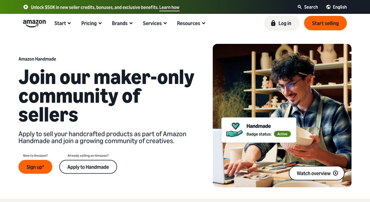 Amazon Handmade seller page describing the maker-only community and seller incentives