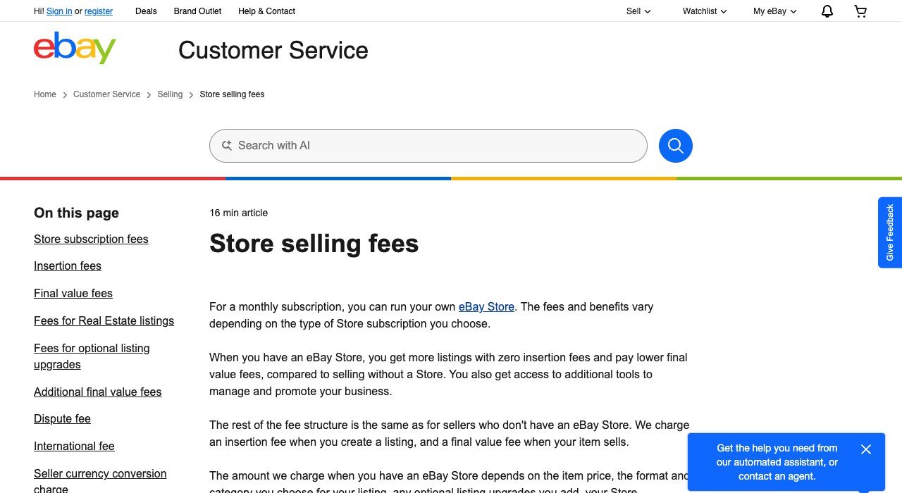eBay store selling fees page listing the Store subscription tiers