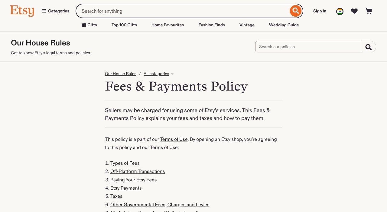 Etsy fees and payments policy page listing listing, transaction and Offsite Ads fees