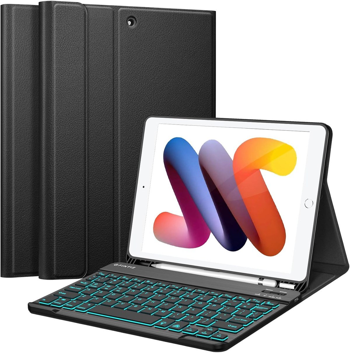 Fintie backlit keyboard case for the 10.2-inch iPad with teal illuminated keys and a pencil holder
