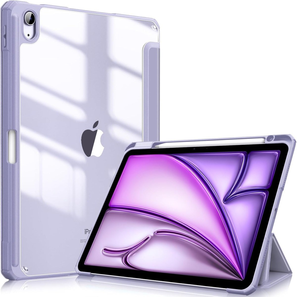 Fintie clear case for the 11-inch iPad Air with a transparent back and lavender bumper