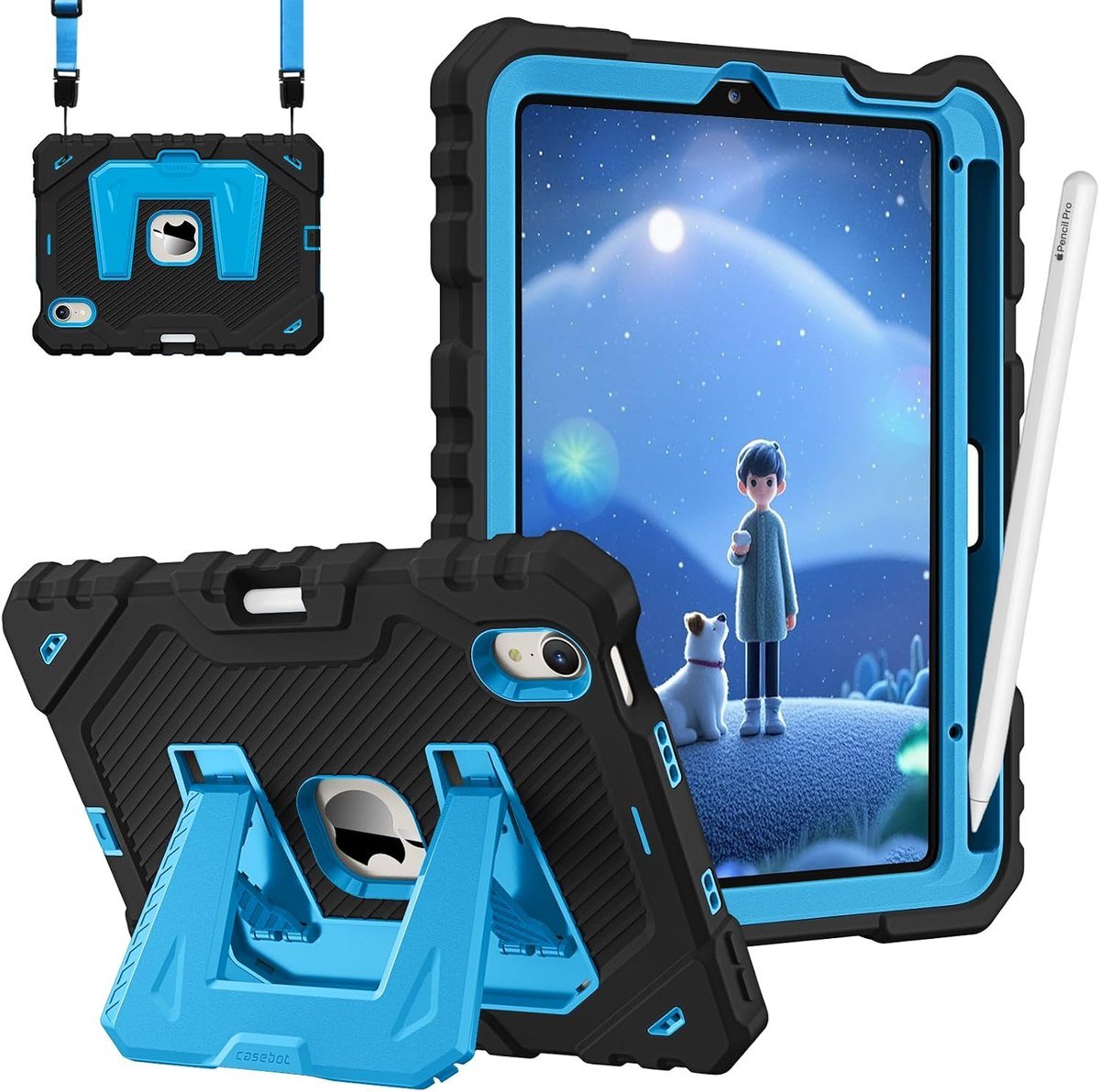 Fintie kid-friendly iPad mini case in blue with a chunky kickstand and shoulder strap