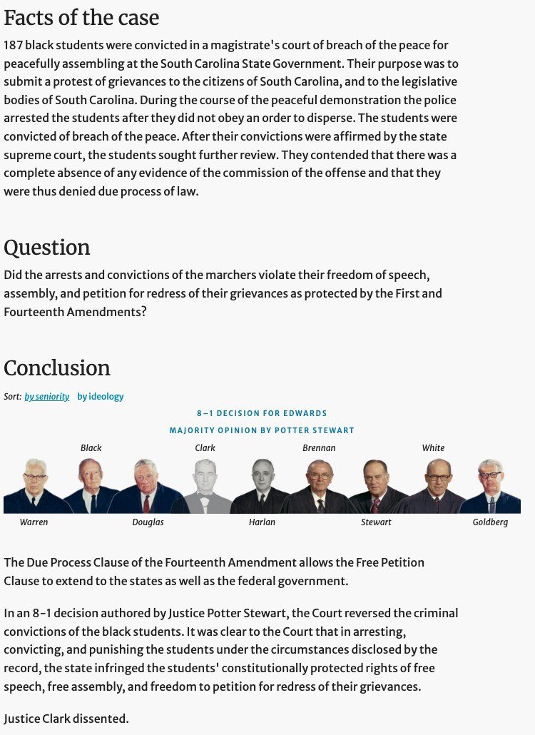 Oyez summary of Edwards v. South Carolina: 187 students arrested at the State House and the 8-1 ruling for them