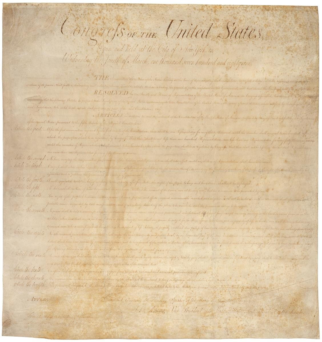 The 1789 joint resolution of Congress proposing twelve amendments, with Article the third listing the First Amendment freedoms