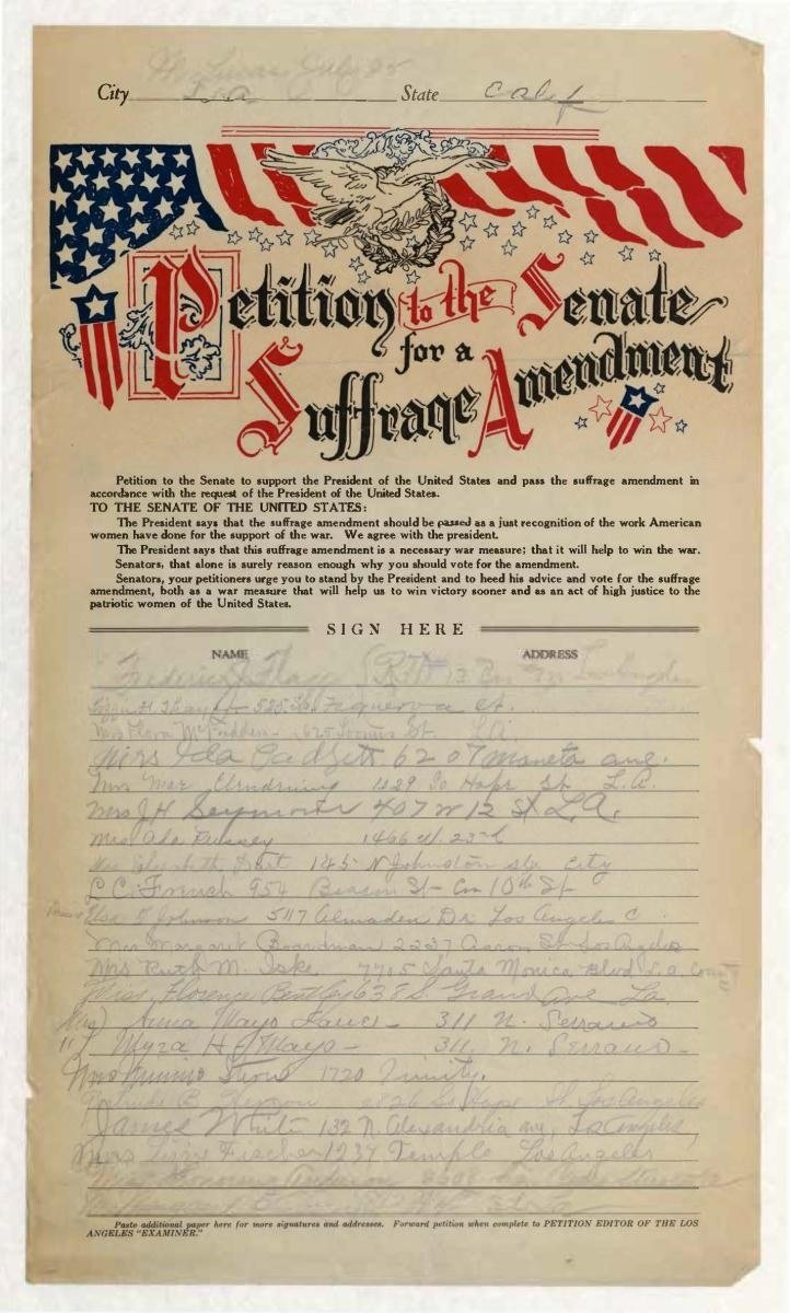 Signed petition from California citizens asking the U.S. Senate to pass a woman suffrage amendment