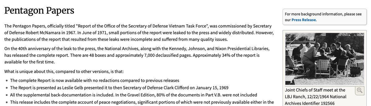 National Archives page on the Pentagon Papers, the Vietnam study leaked to the press in June 1971