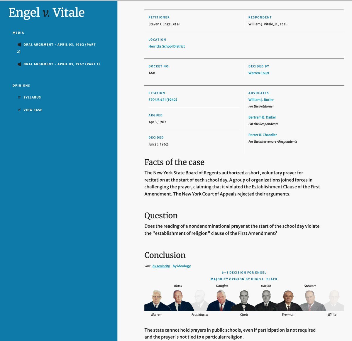 Oyez case page for Engel v. Vitale showing the facts, the question and the 6-1 decision for Engel