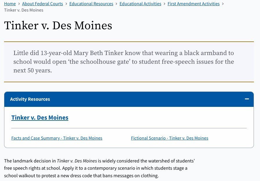 U.S. Courts page on Tinker v. Des Moines noting Mary Beth Tinker was 13 when she wore a black armband to school