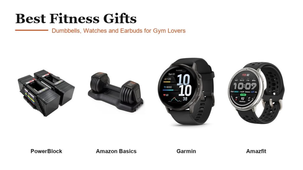 Best Fitness Gifts: PowerBlock Elite USA 90, Amazon Basics Adjustable 25 lb, Garmin Venu 4, Amazfit Active 2