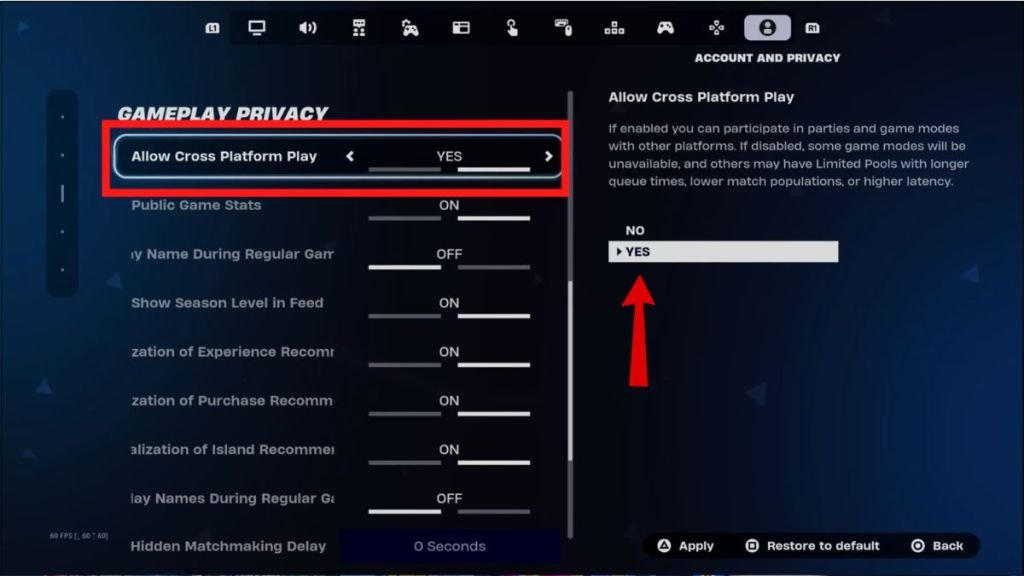Fortnite Account and Privacy settings with Allow Cross Platform Play set to Yes