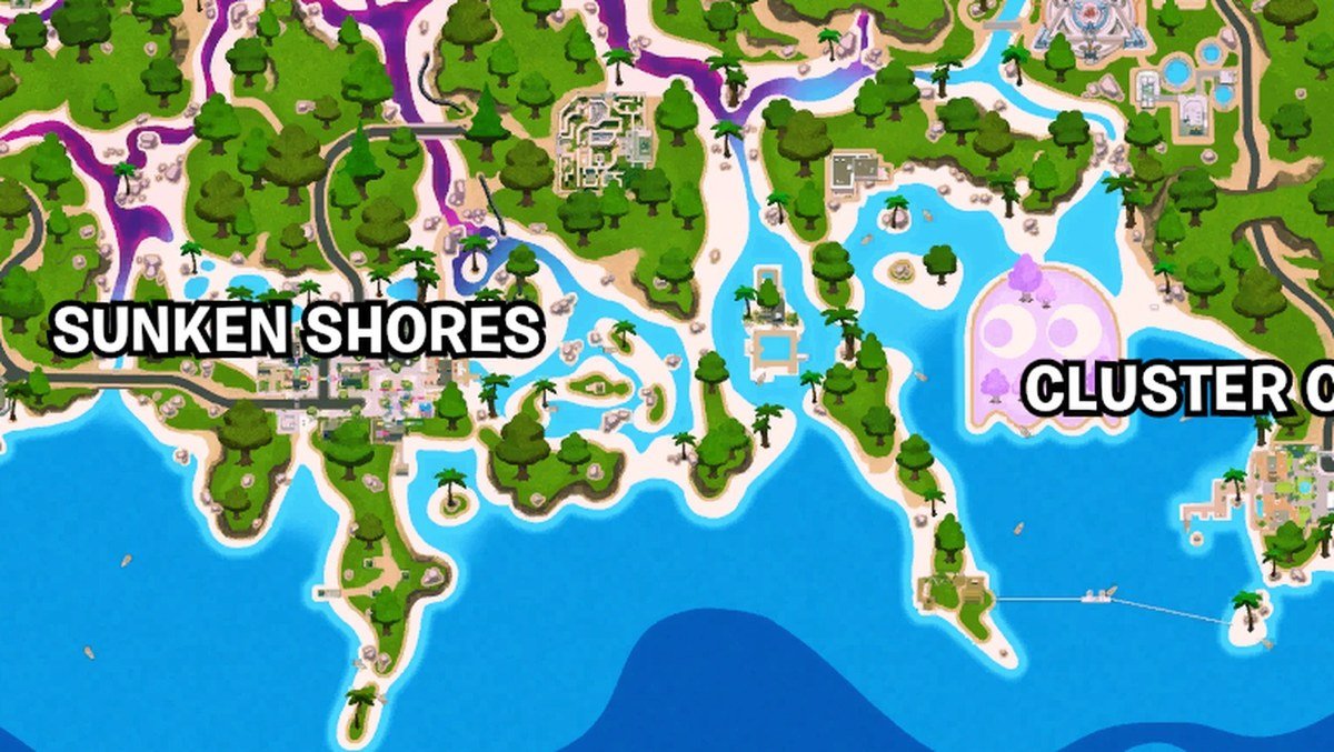 Fortnite Override island map showing Sunken Shores and the shallow lagoon to its east