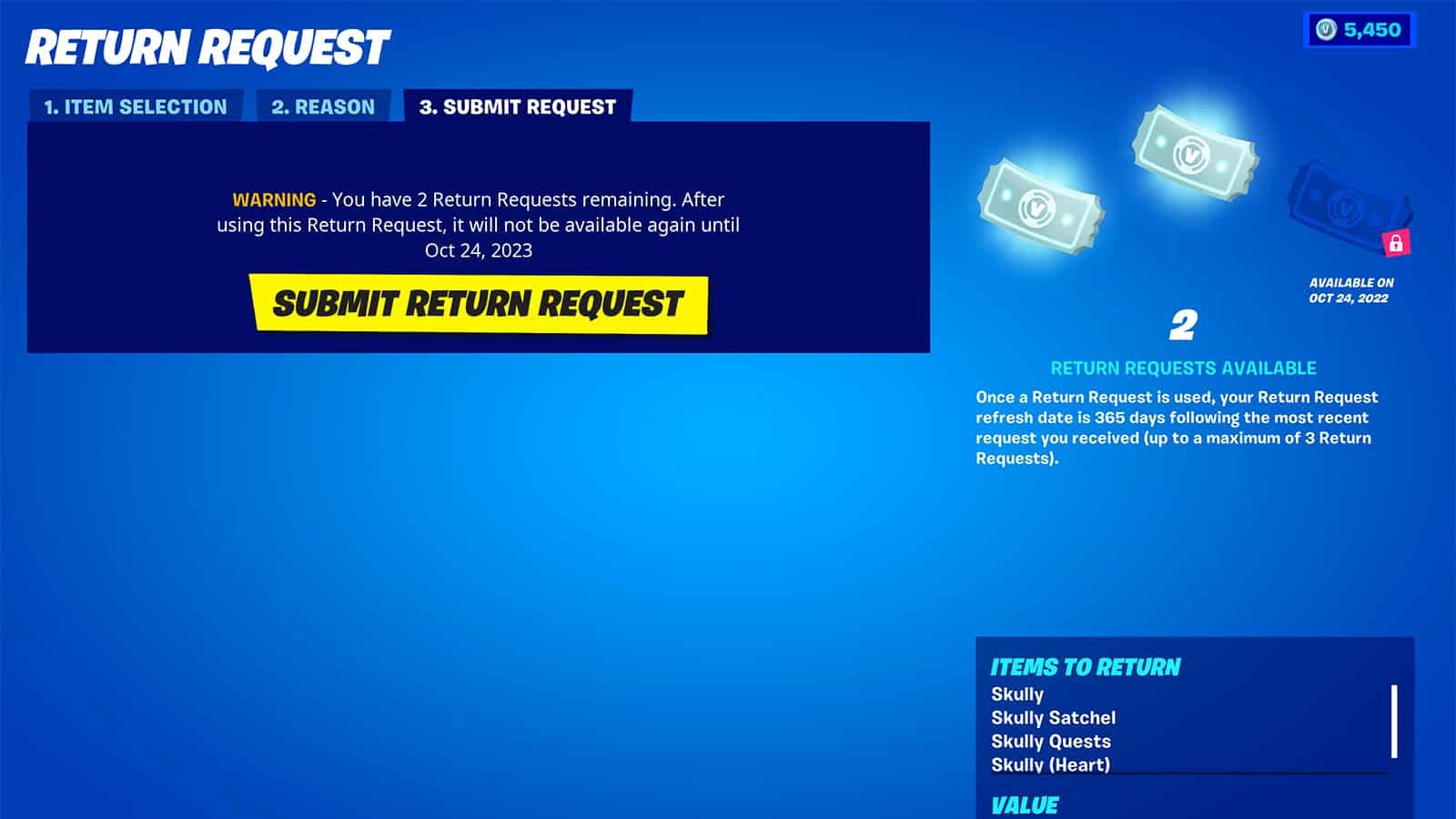 Fortnite Return Request screen showing the submit button and the return tickets remaining