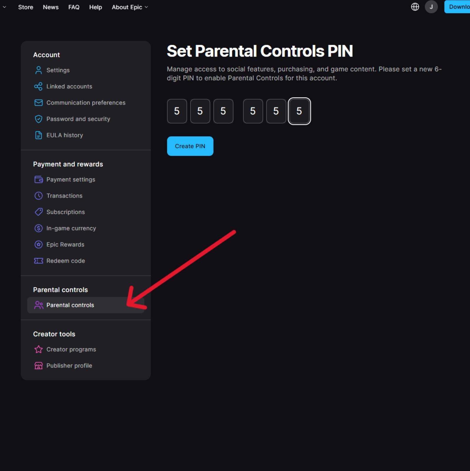 Epic Games account page asking for a six digit PIN to enable Fortnite parental controls