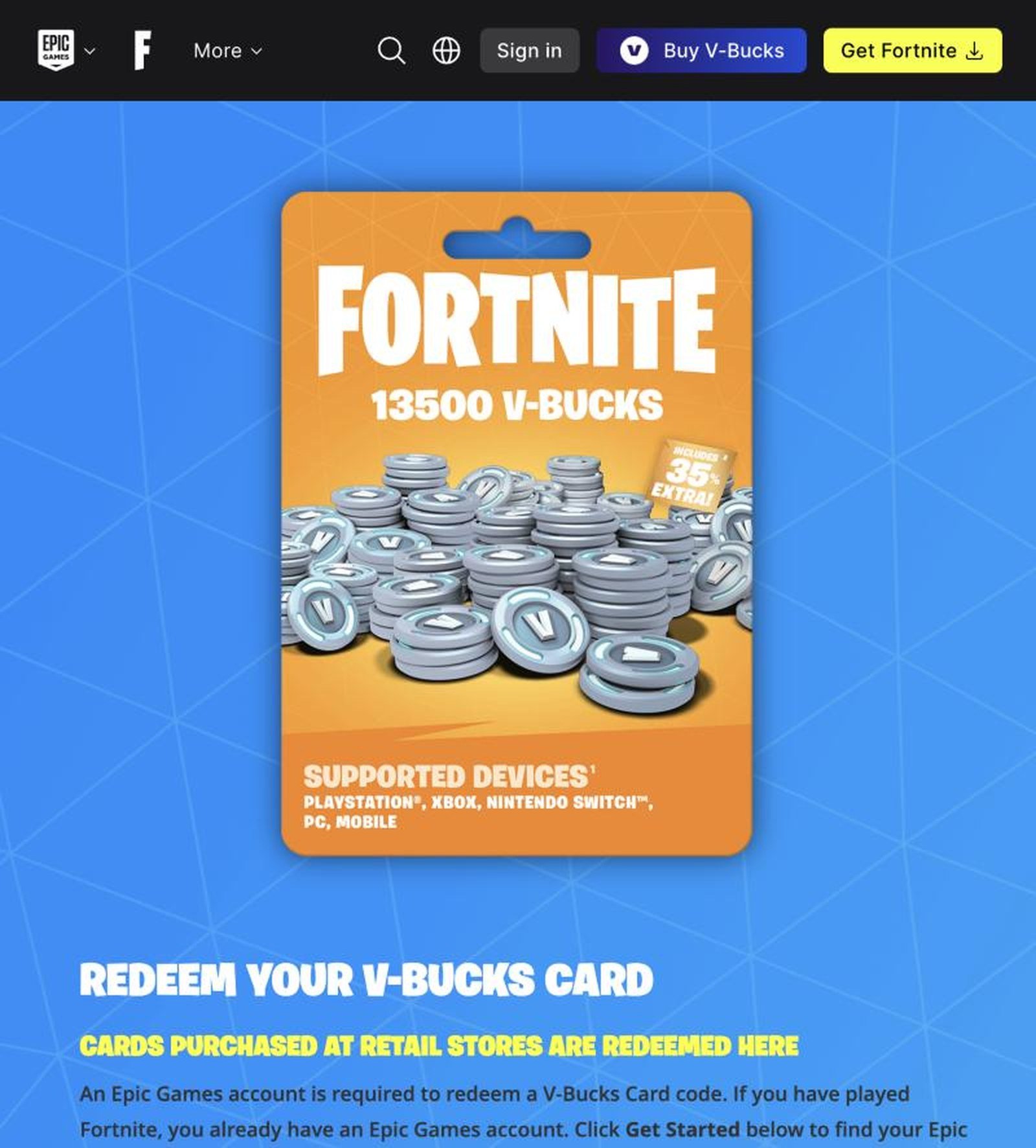The official Fortnite V-Bucks card page where a retail gift card code is redeemed