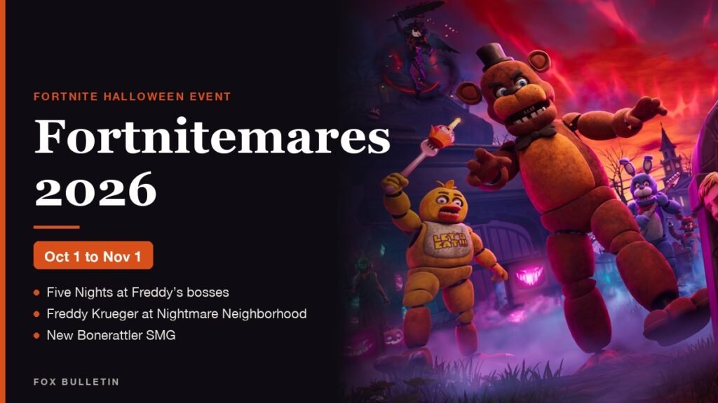 Fortnitemares 2026 graphic with Five Nights at Freddy's animatronics led by Freddy Fazbear and the October 1 to November 1 dates