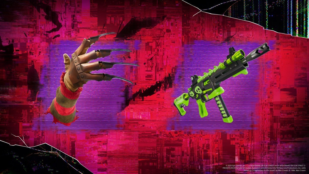 Freddy's Nightmare bladed glove and the green Bonerattler SMG from Fortnitemares 2026
