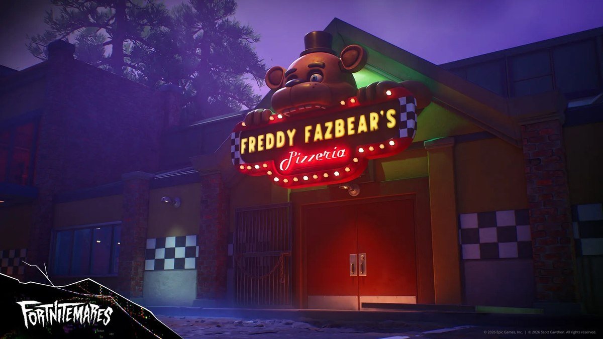 Freddy Fazbear's Pizzeria building at night in Fortnite during Fortnitemares 2026