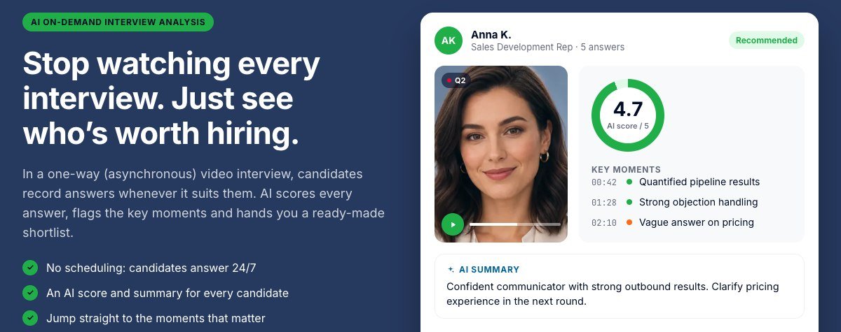 EasyHire interview analysis screen with an AI score of 4.7 out of 5 and timestamped key moments