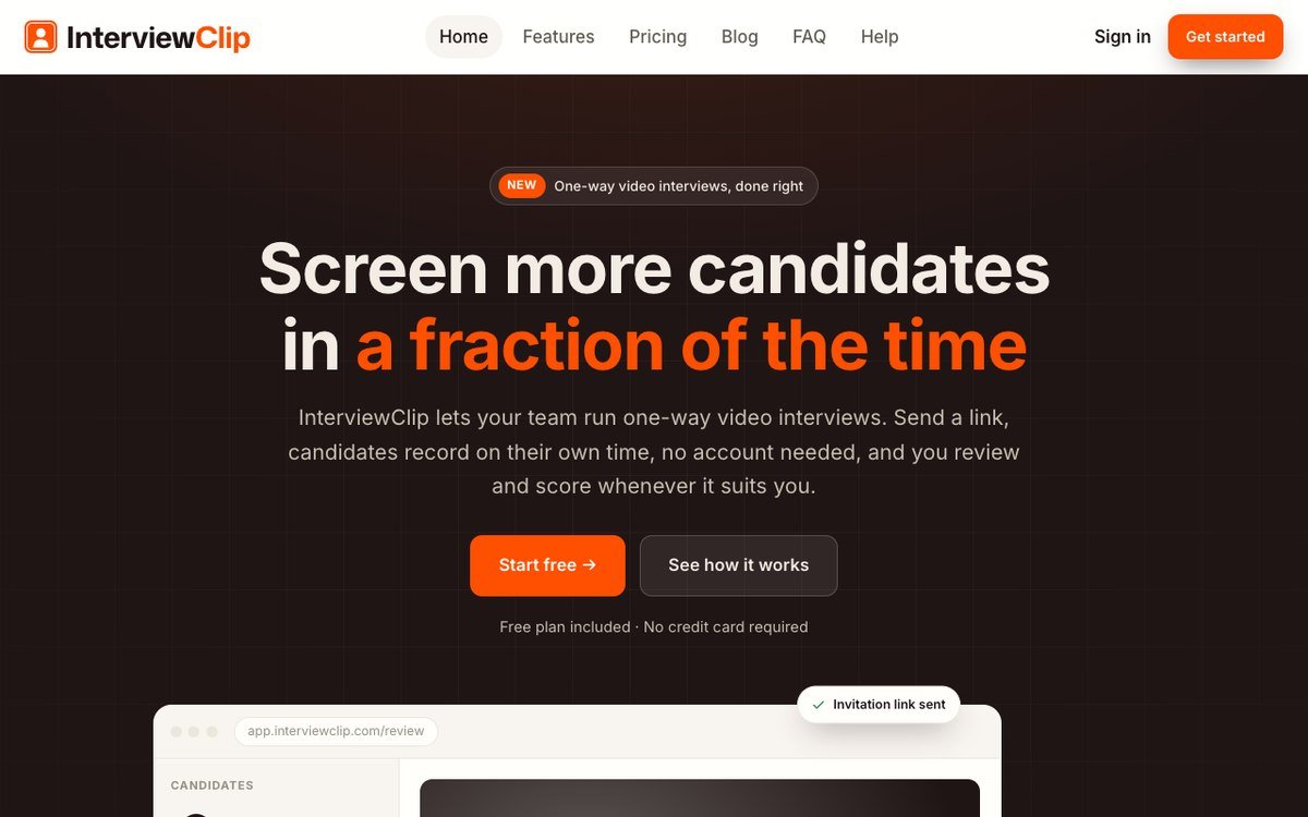 InterviewClip home page inviting teams to run one-way video interviews with a free plan