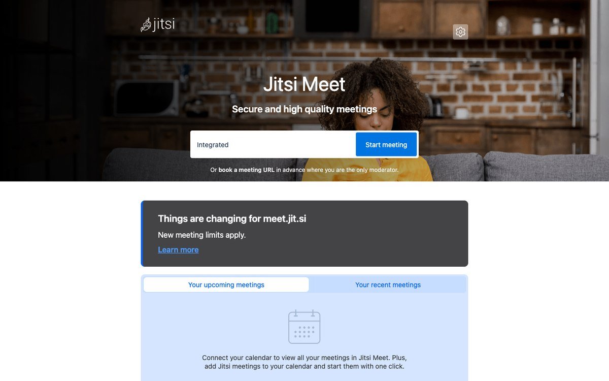 meet.jit.si start page with a room name field and a notice that new meeting limits apply
