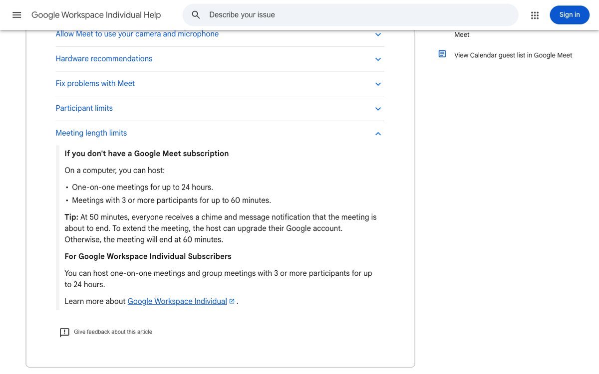 Google Meet help page listing meeting length limits for accounts without a subscription