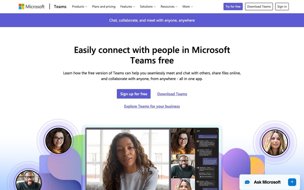 Microsoft Teams free sign-up page showing a video call on a laptop