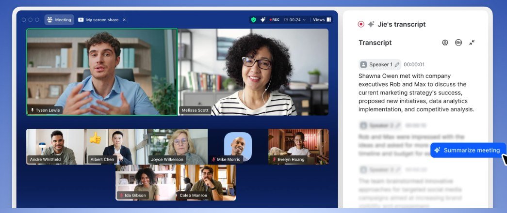 Zoom Meetings window with a gallery of participants and a live transcript panel