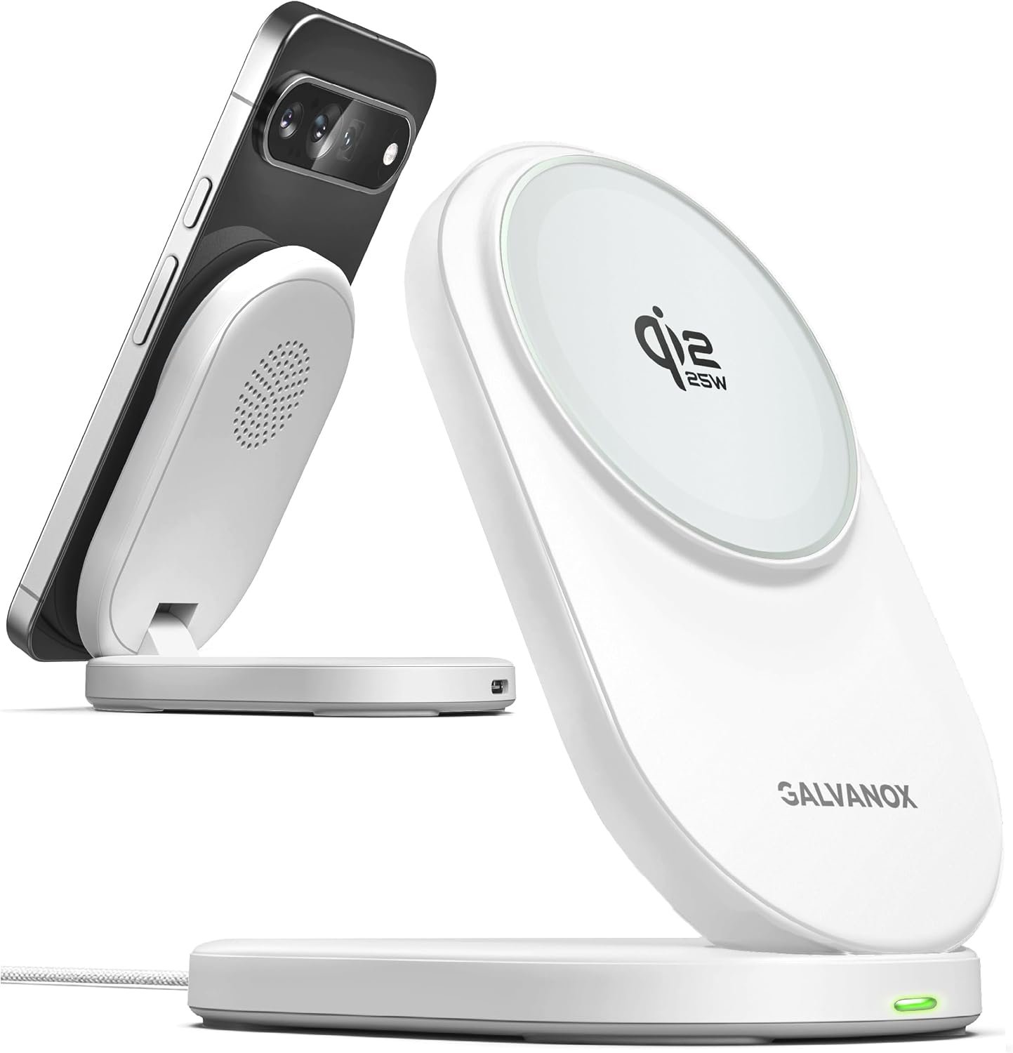 Galvanox Qi2.2 magnetic wireless charging stand holding a Google Pixel
