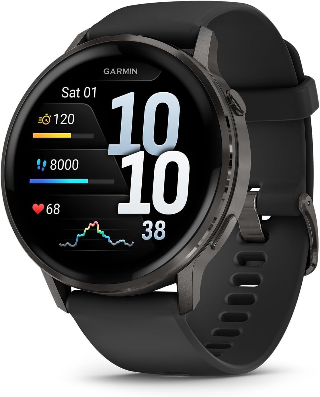Garmin Venu 4 45mm smartwatch with a black silicone band