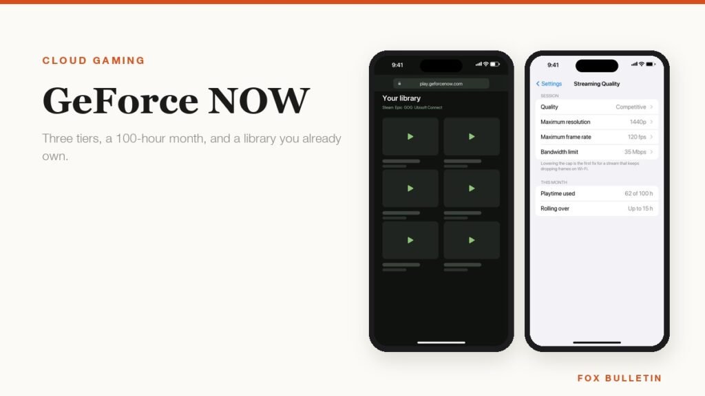 The GeForce NOW library in a phone browser beside a streaming quality settings screen