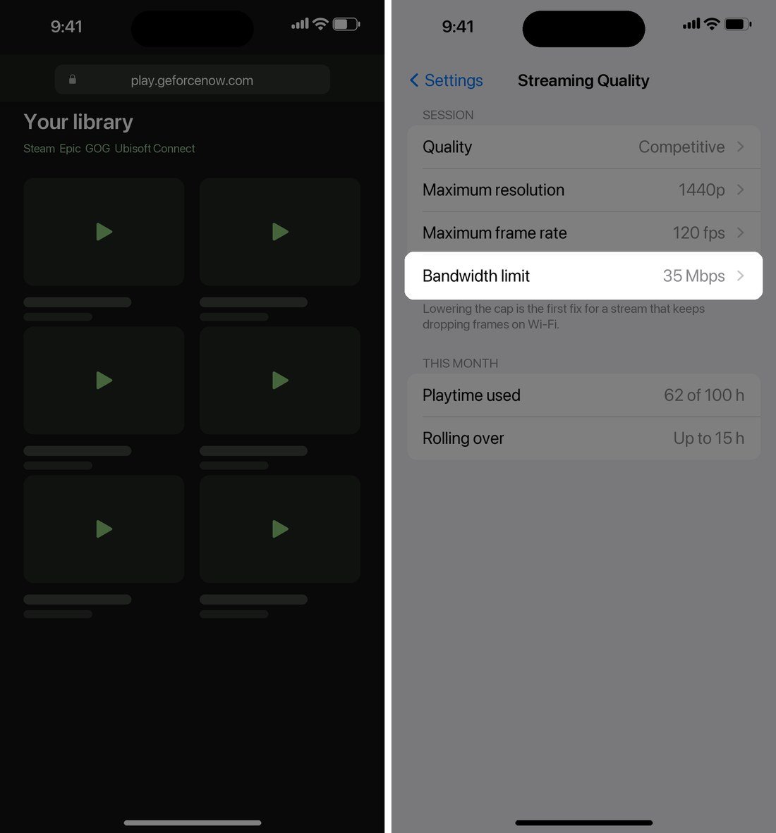 The GeForce NOW library in a phone browser beside a streaming quality settings screen