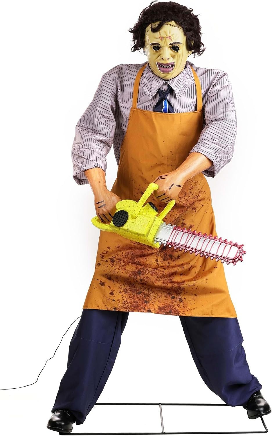Gemmy 6-foot Leatherface animatronic in an apron holding a chainsaw