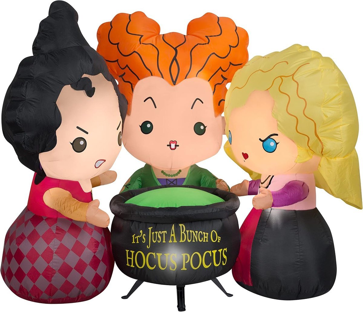Gemmy 4.5 ft Hocus Pocus Sanderson Sisters inflatable gathered around a black cauldron