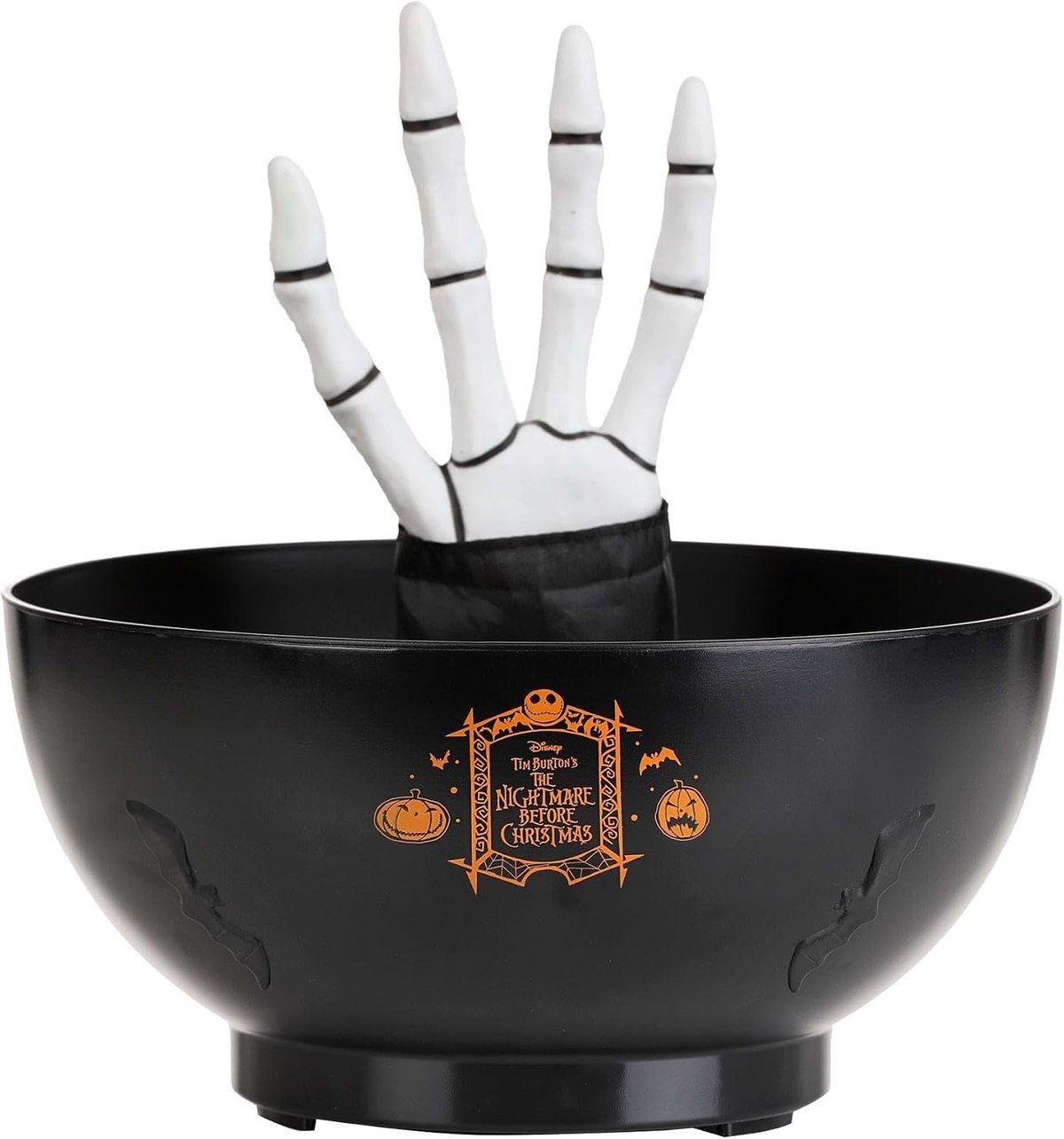 Gemmy Jack Skellington animated candy bowl with a bony hand rising from a black bowl