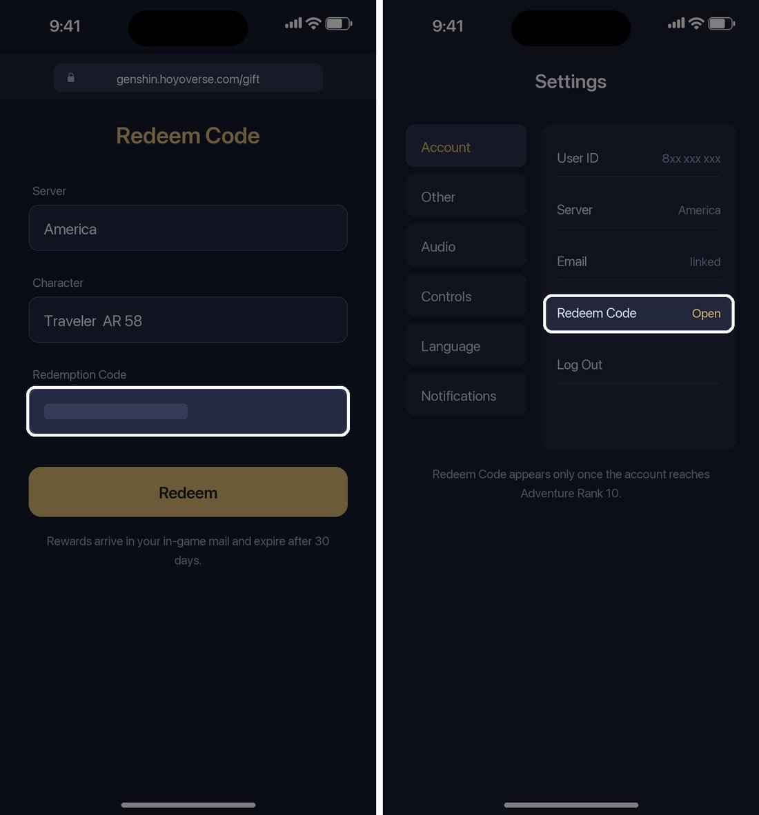 The Genshin gift page in a phone browser beside the in-game Settings Account Redeem Code menu