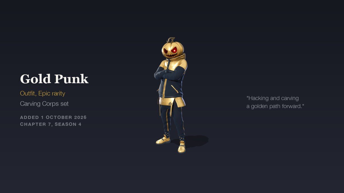 Gold Punk outfit render showing a gold pumpkin head with red glowing eyes and a navy jacket
