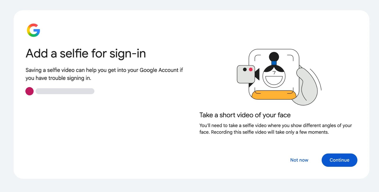 Google prompt headed Add a selfie for sign-in offering to save a short selfie video