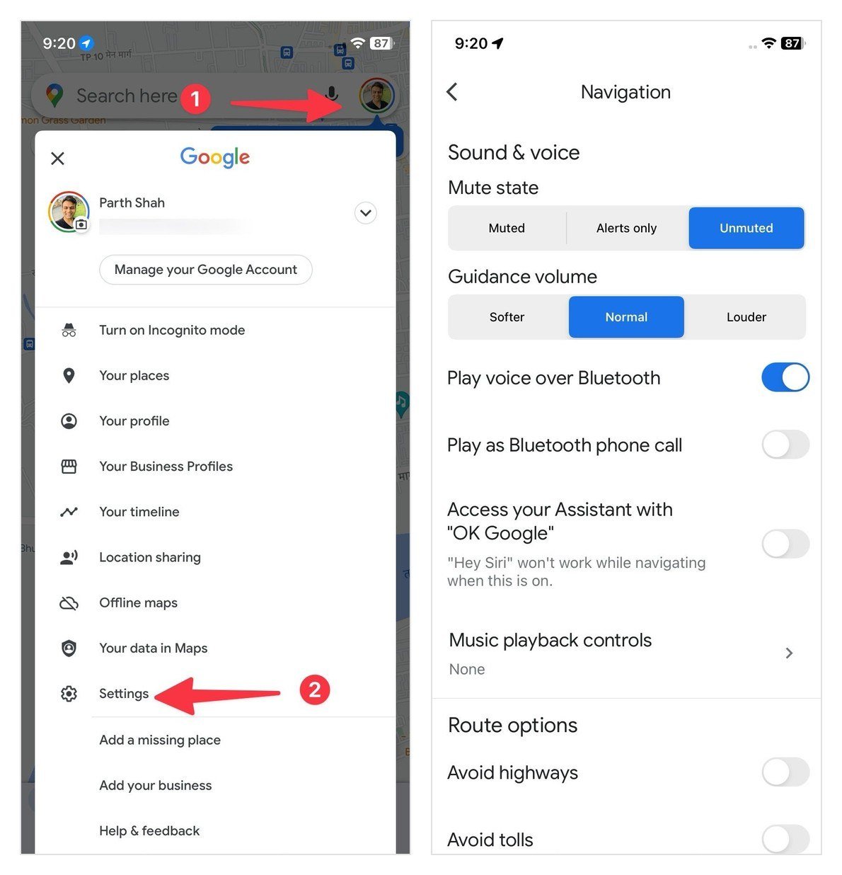 Google Maps on iPhone showing the Settings menu and the Navigation screen, which has no voice option