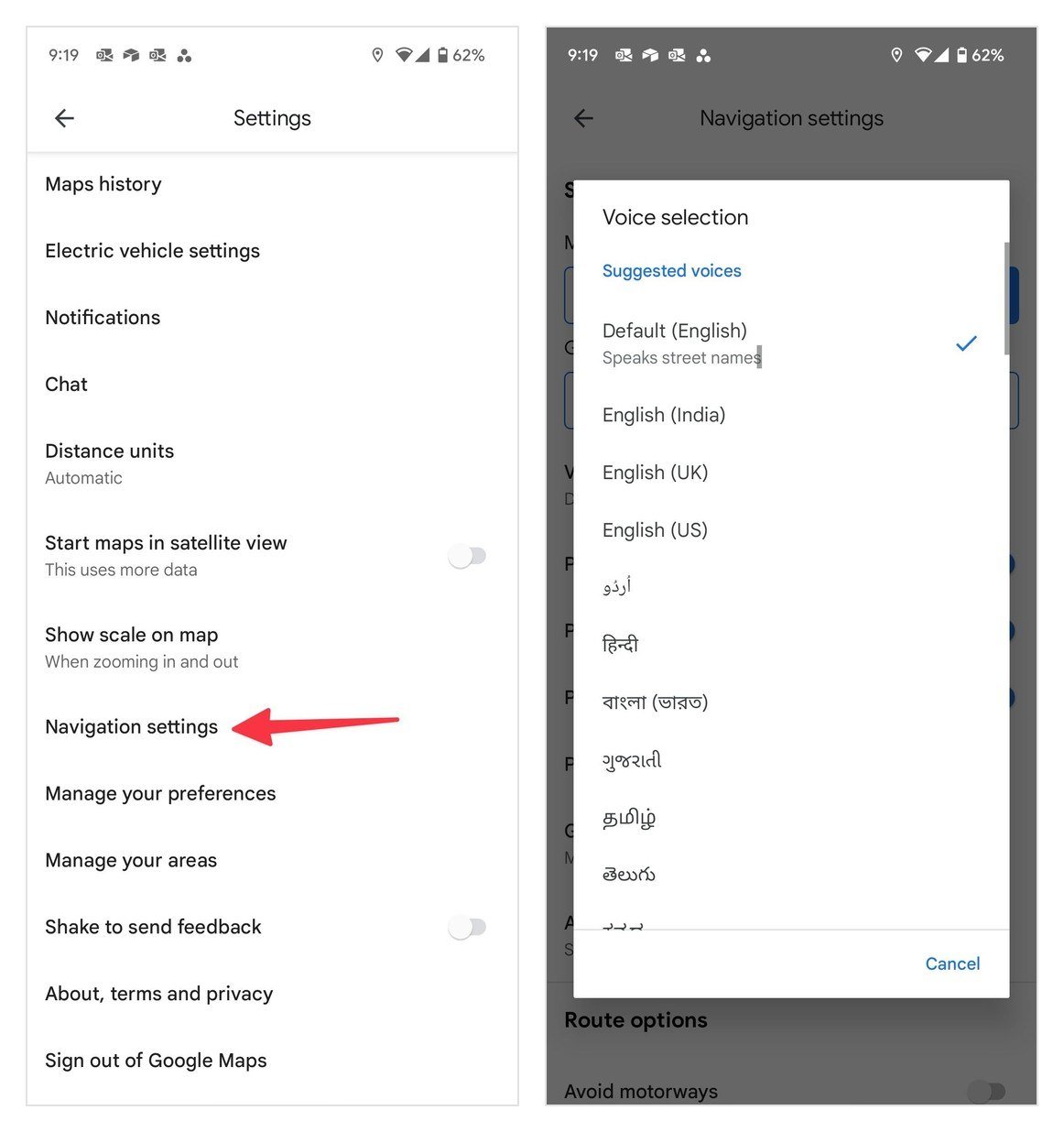 Google Maps Settings on Android with Navigation settings marked, and the Voice selection list open