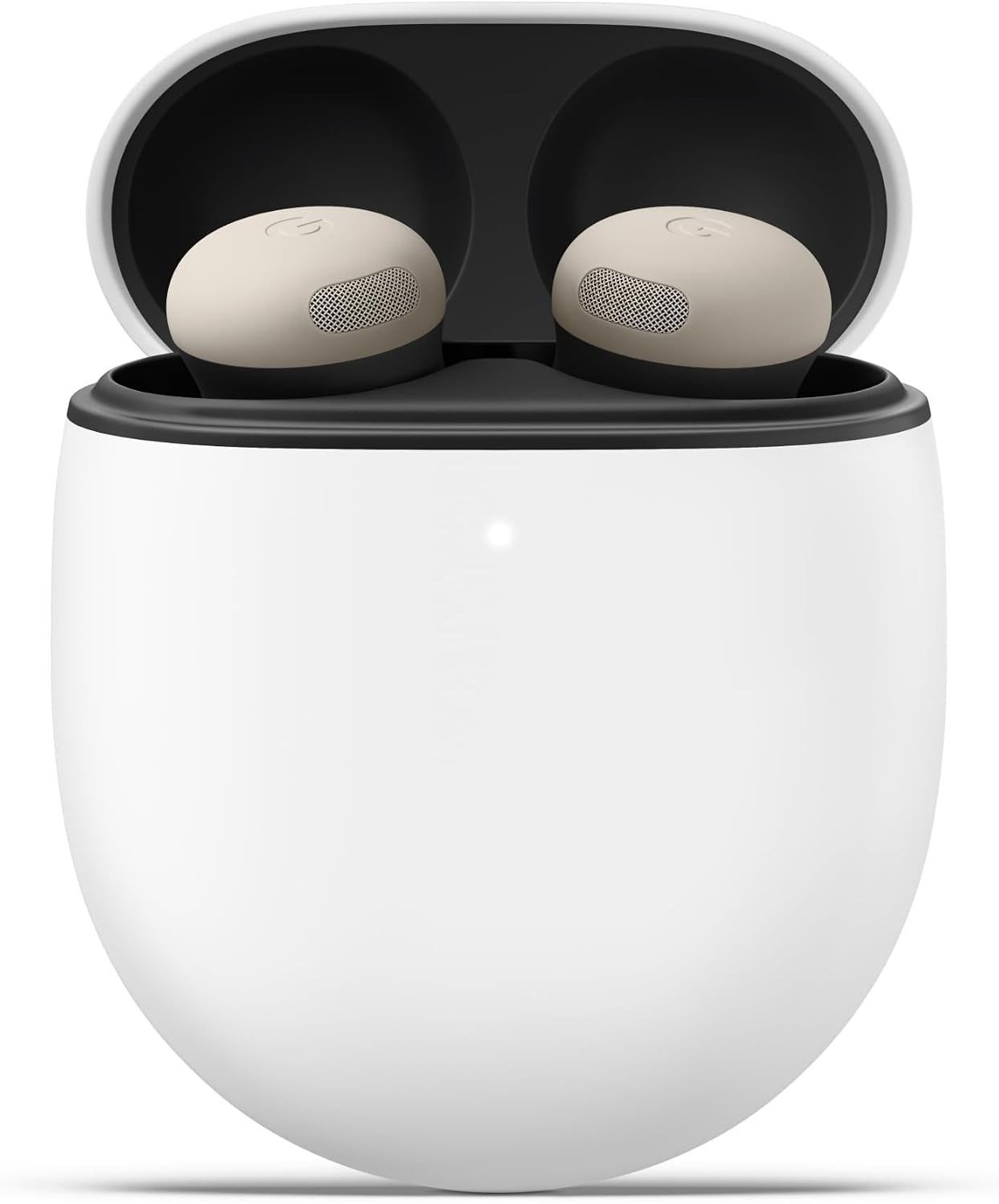 Google Pixel Buds Pro 2 in Porcelain inside the open white charging case