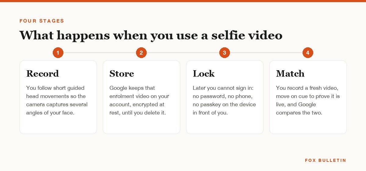 Four stages of a selfie sign-in: record, store, lock out, match