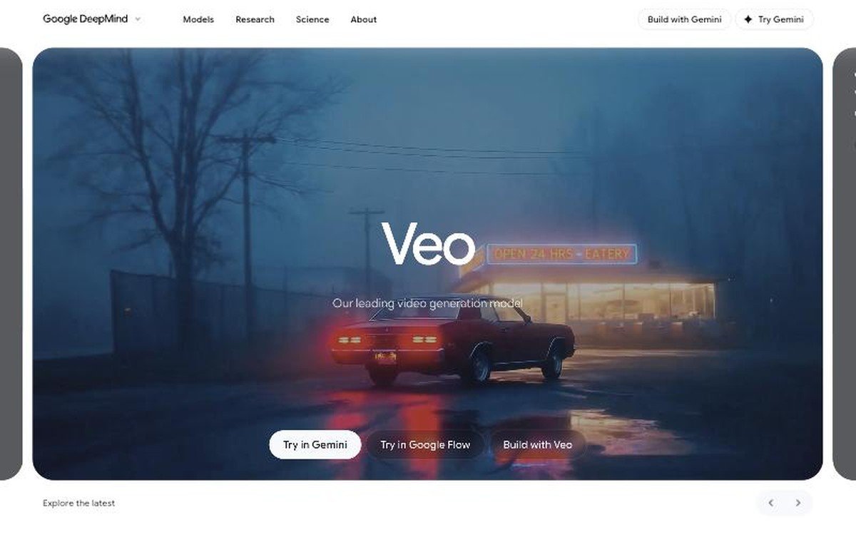 Google DeepMind Veo 3.1 product page showing a cinematic night scene generated by the model