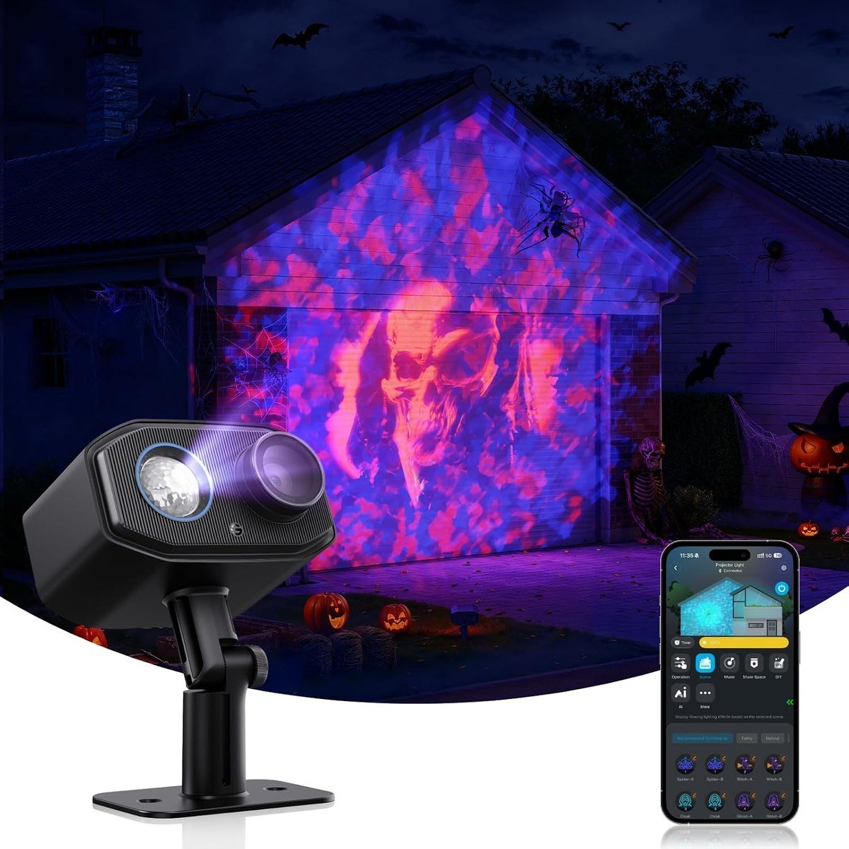 Govee H3860 outdoor Halloween projector light casting a purple skull pattern on a house