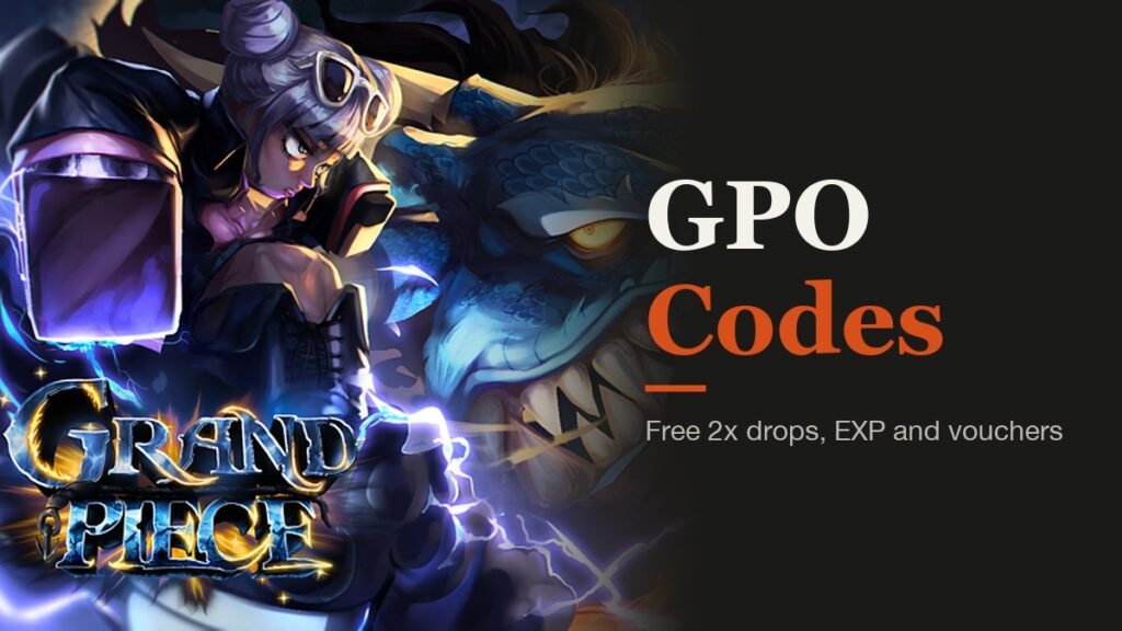 GPO Codes headline beside Grand Piece Online art of a blue sea creature baring its teeth