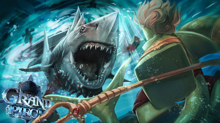 Grand Piece Online artwork of a giant shark lunging out of the sea at a fighter holding a harpoon
