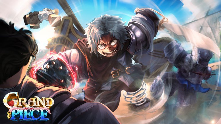 Grand Piece Online artwork of a grey-haired fighter in a dark coat throwing a punch under a bright sky