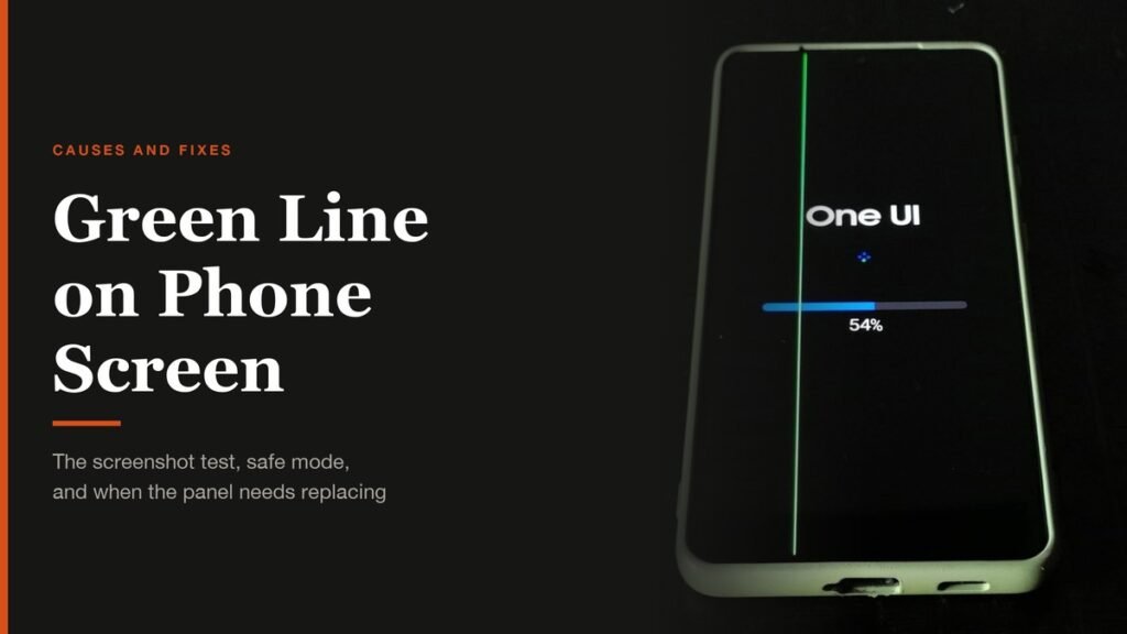 Green Line on Phone Screen headline beside a Galaxy phone with a vertical green line on its display